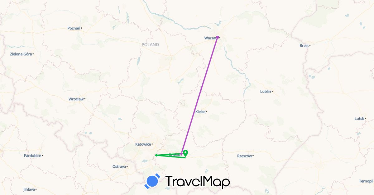 TravelMap itinerary: driving, bus, train in Poland (Europe)